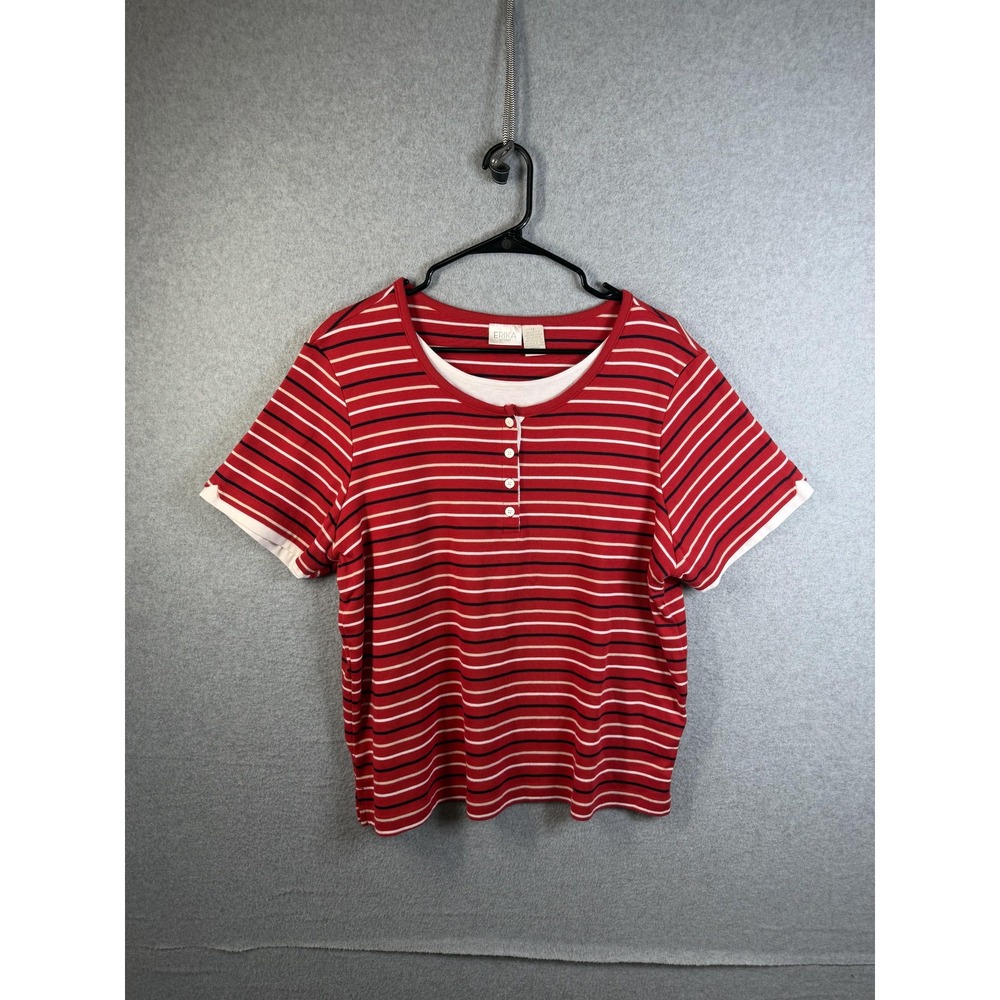 Erika Shirt Womens 1X Plus Red Striped Short Sleeve Henley Cotton Blend Top
